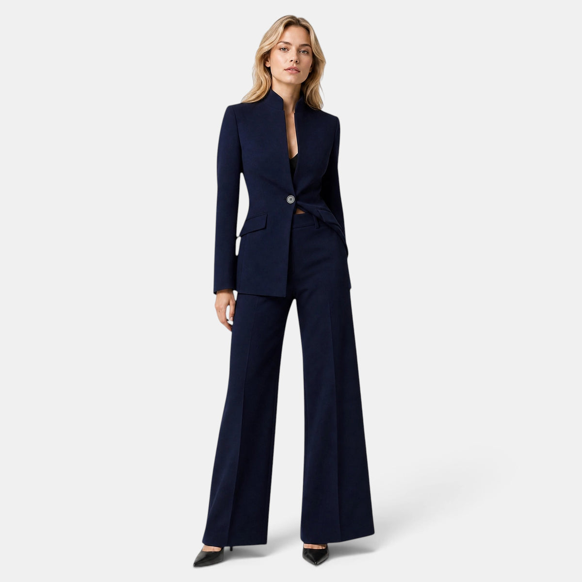 Women's Blazer and Trousers Set with Single Button Closure and Flared Trousers