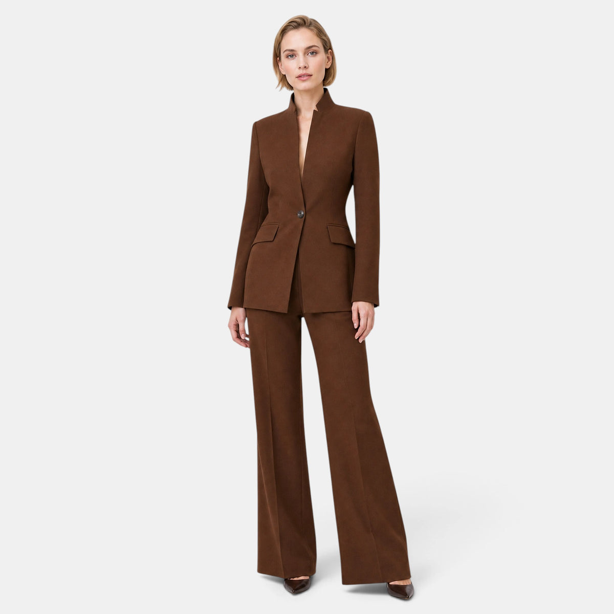 Women's Blazer and Trousers Set with Single Button Closure and Flared Trousers