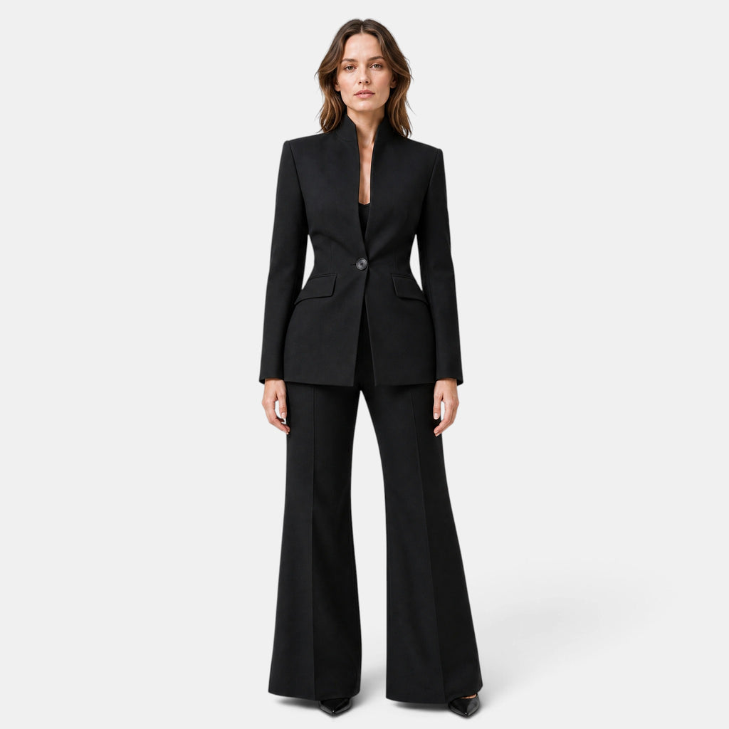 Women's Blazer and Trousers Set with Single Button Closure and Flared Trousers