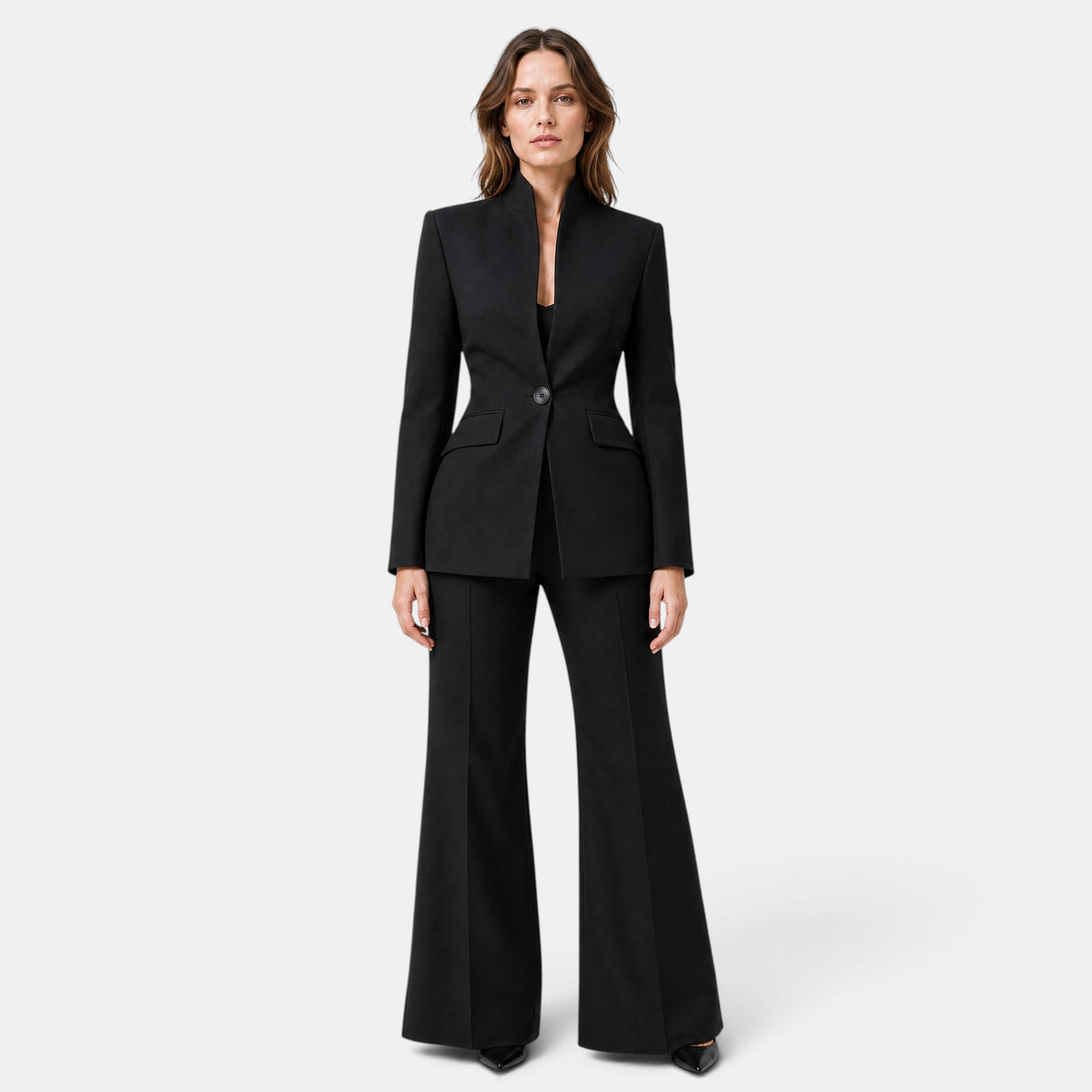 Women's Blazer and Trousers Set with Single Button Closure and Flared Trousers
