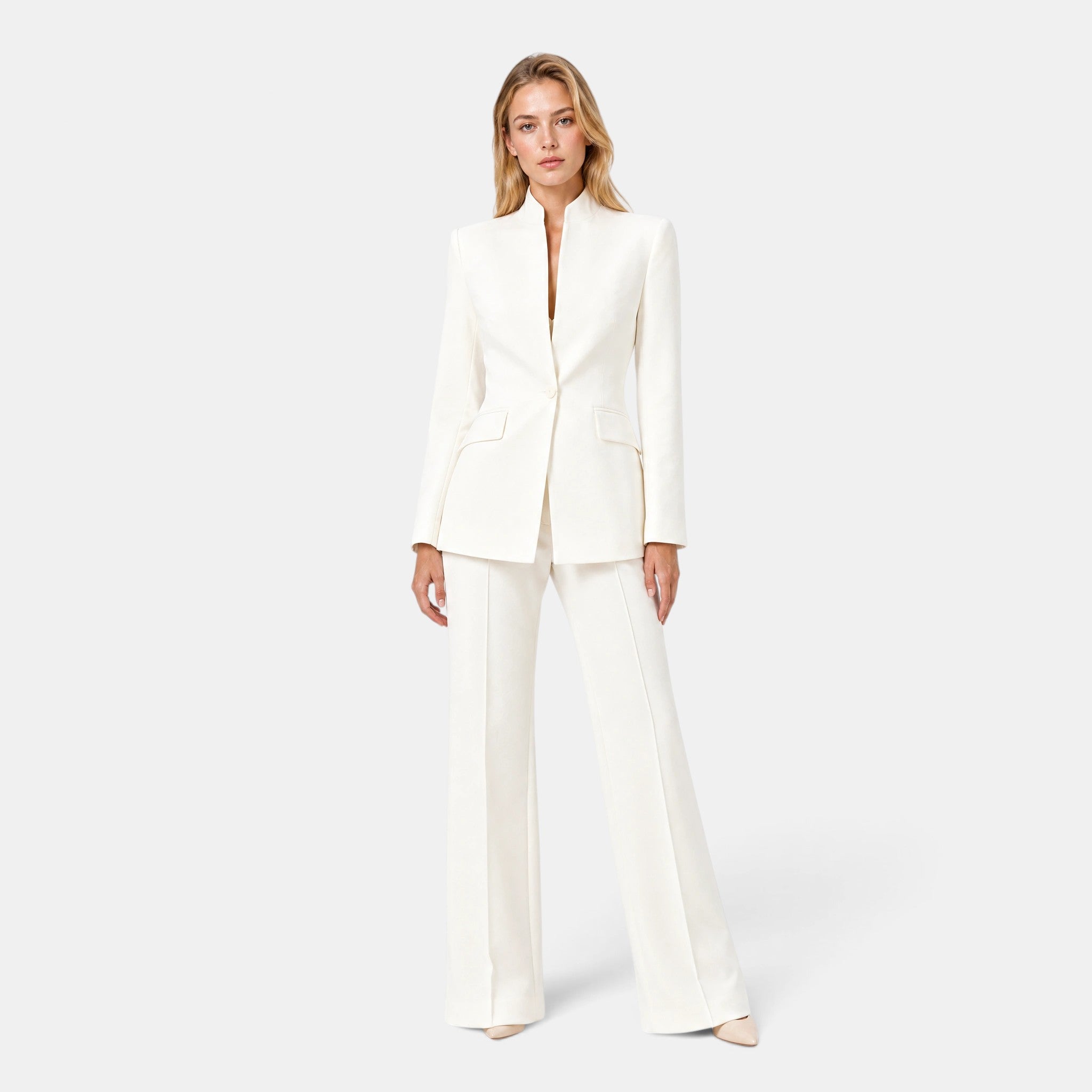 Women's Blazer and Trousers Set with Single Button Closure and Flared Trousers