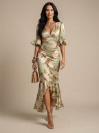 Women's Boho Floral Ruched V-Neck Midi Maxi Dress with Flutter Sleeves