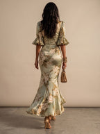 Women's Boho Floral Ruched V-Neck Midi Maxi Dress with Flutter Sleeves