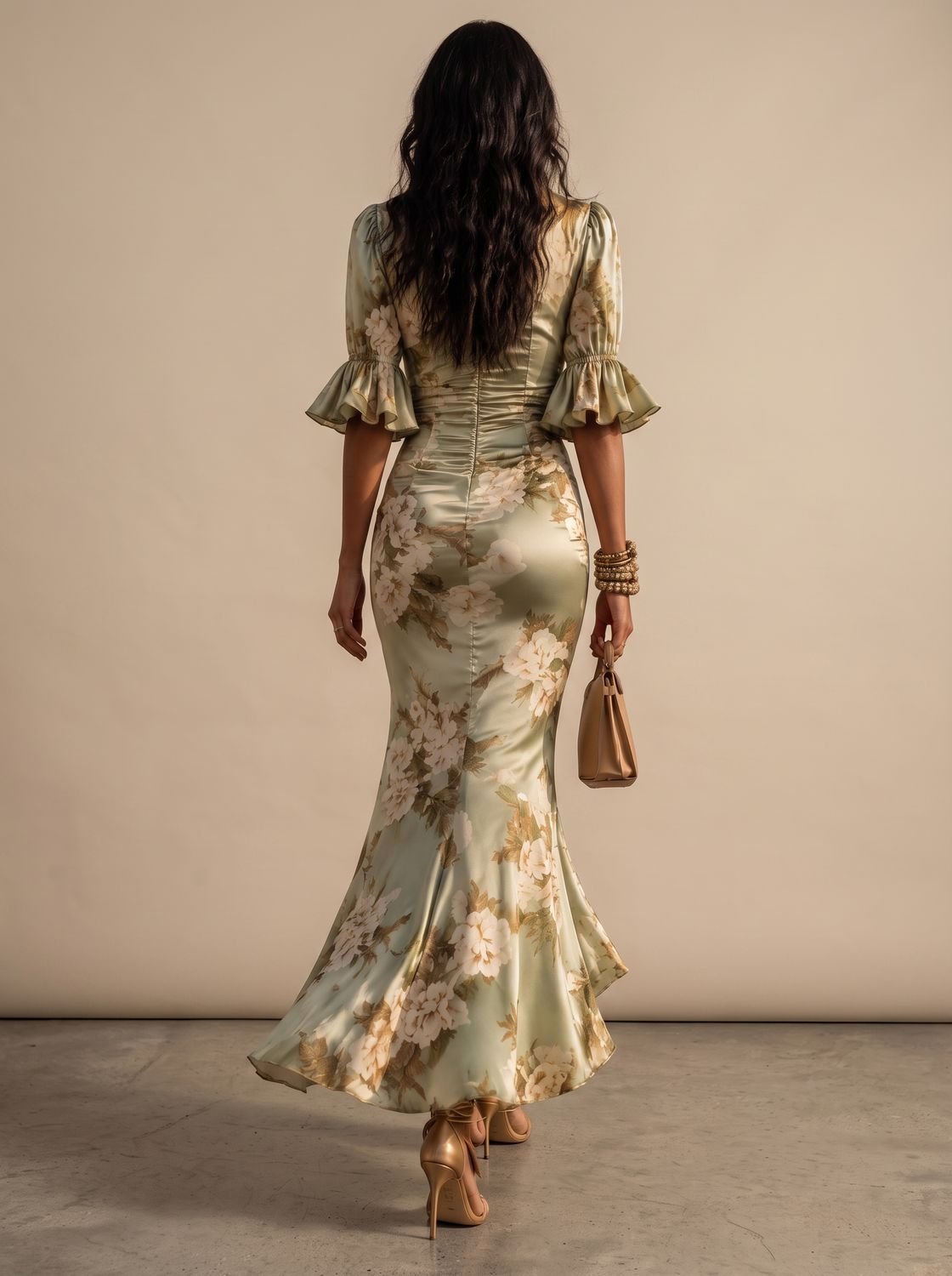 Women's Boho Floral Ruched V-Neck Midi Maxi Dress with Flutter Sleeves