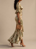 Women's Boho Floral Ruched V-Neck Midi Maxi Dress with Flutter Sleeves