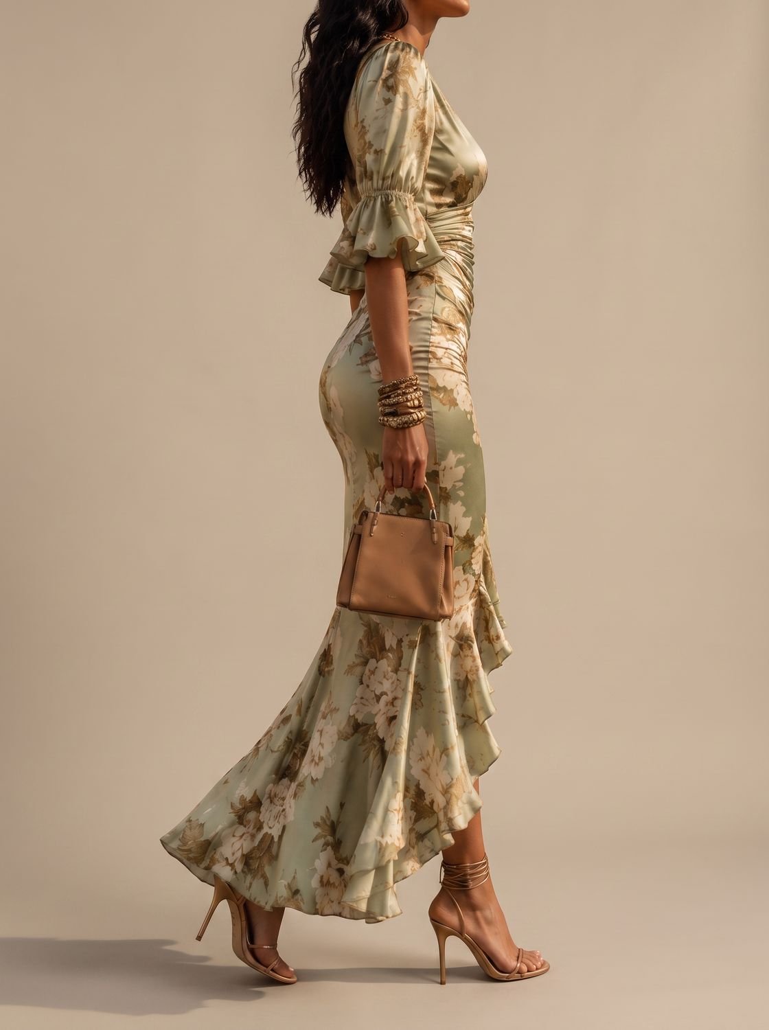 Women's Boho Floral Ruched V-Neck Midi Maxi Dress with Flutter Sleeves
