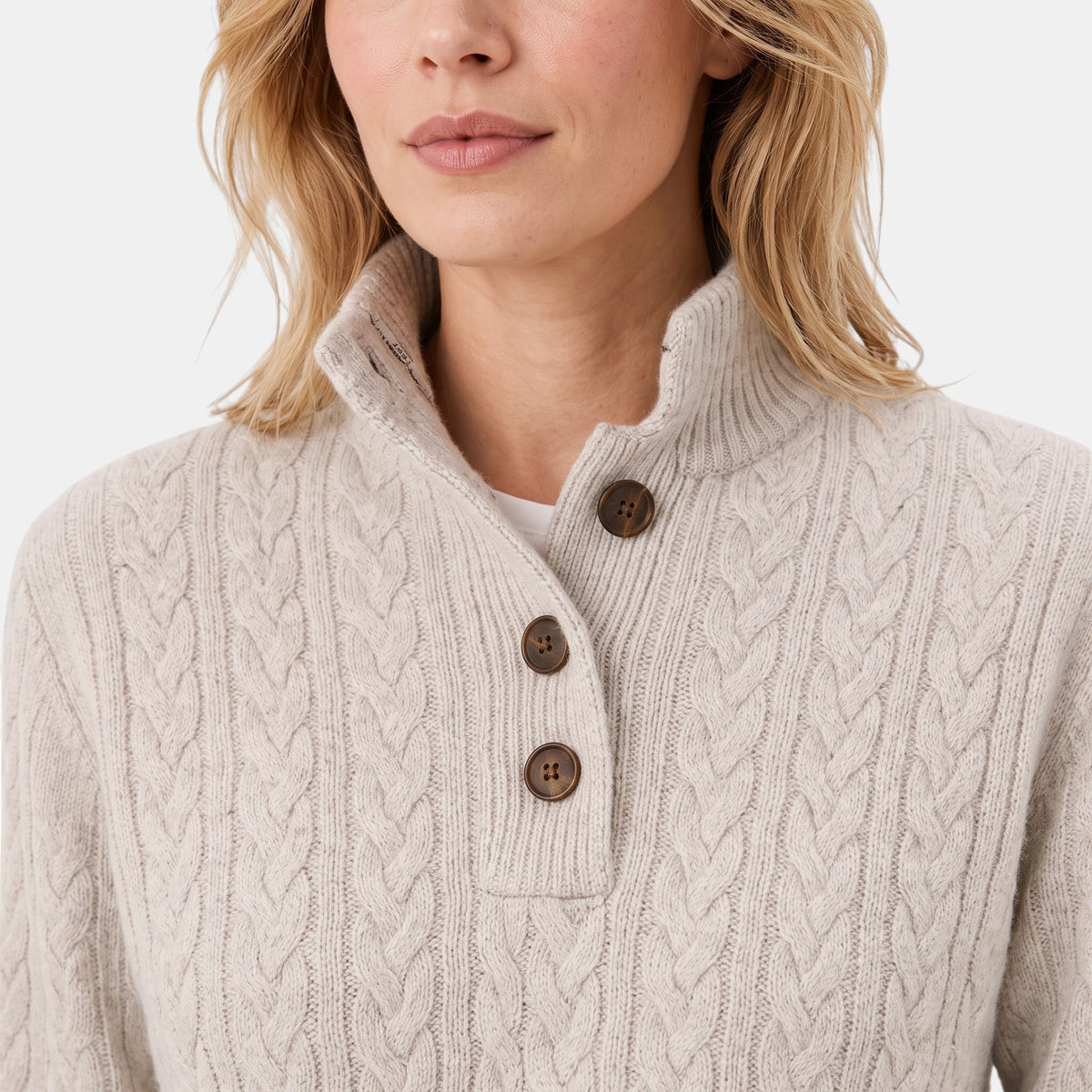 Women's Cable Knit Jumper with Button Neck and High Collar