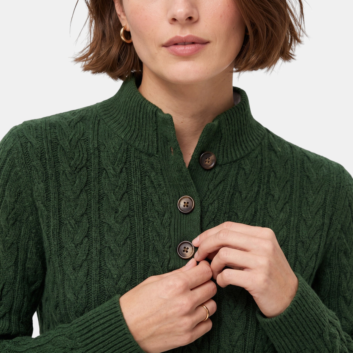 Women's Cable Knit Jumper with Button Neck and High Collar