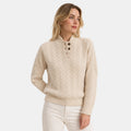 Women's Cable Knit Jumper with Button Neck and High Collar