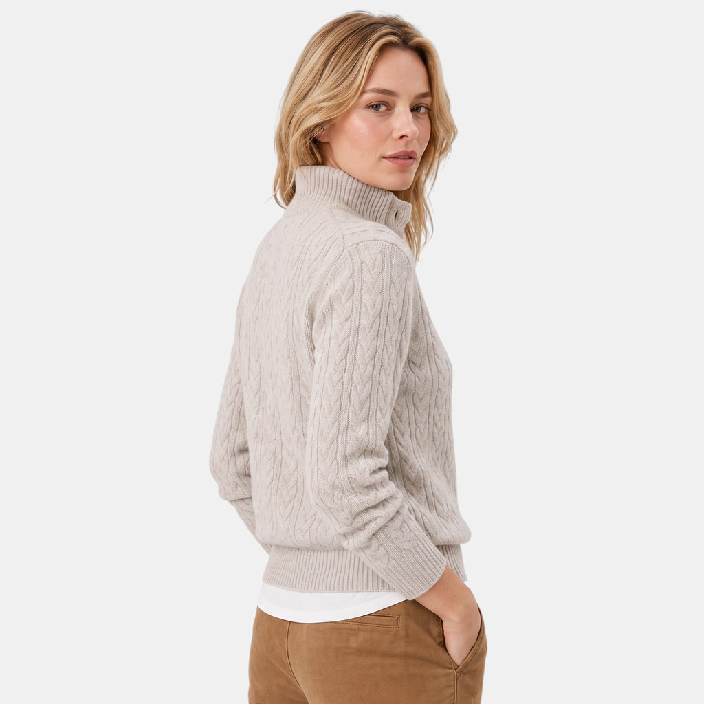 Women's Cable Knit Jumper with Button Neck and High Collar
