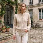 Women's Cable Knit Jumper with Button Neck and High Collar