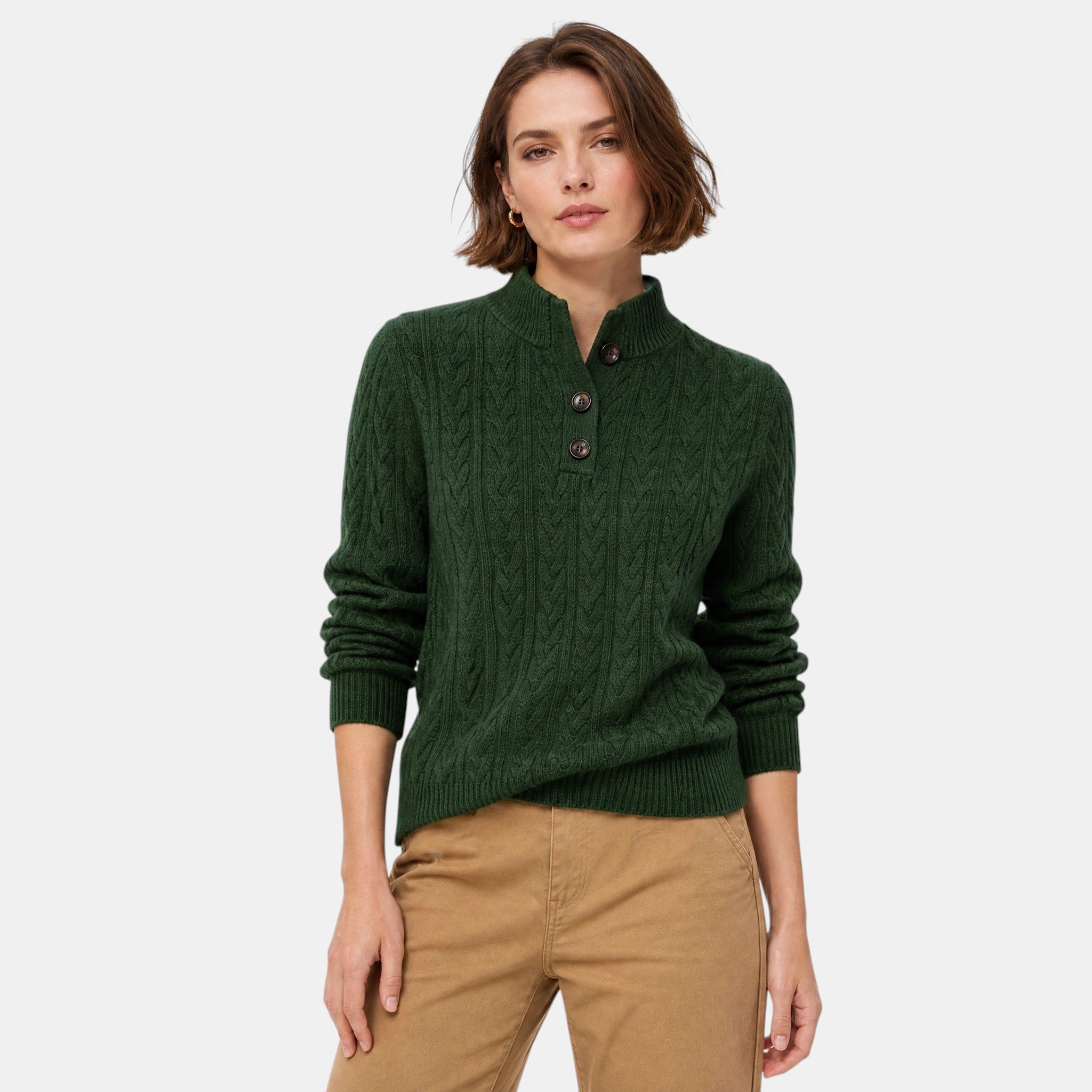 Women's Cable Knit Jumper with Button Neck and High Collar