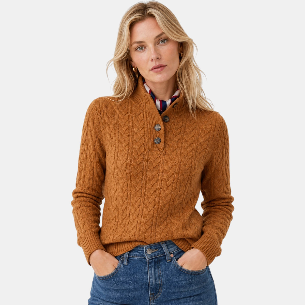 Women's Cable Knit Jumper with Button Neck and High Collar