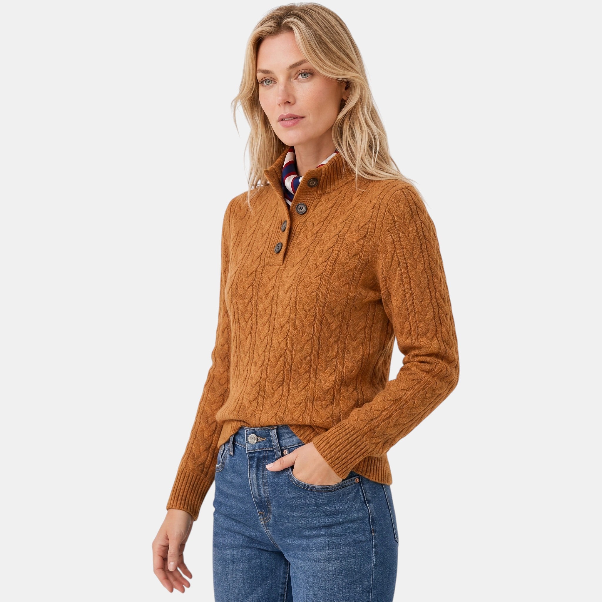Women's Cable Knit Jumper with Button Neck and High Collar