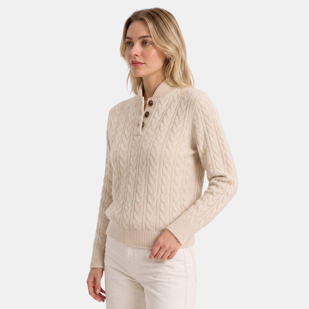 Women's Cable Knit Jumper with Button Neck and High Collar