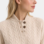 Women's Cable Knit Jumper with Button Neck and High Collar