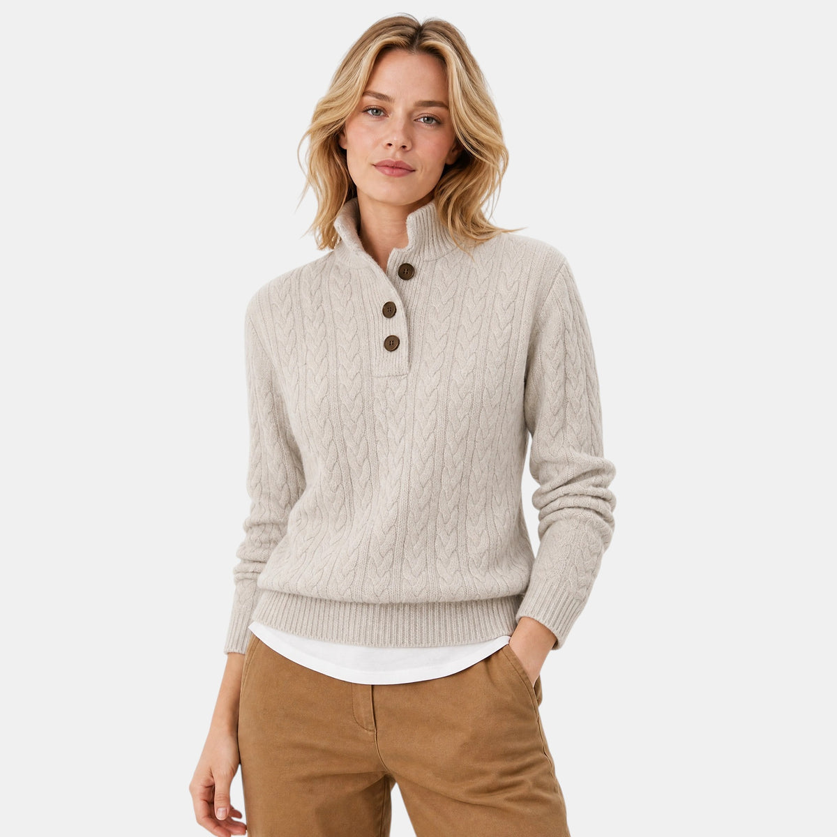 Women's Cable Knit Jumper with Button Neck and High Collar