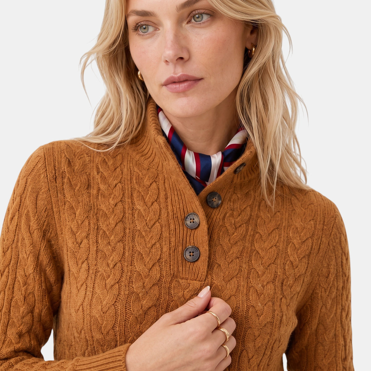 Women's Cable Knit Jumper with Button Neck and High Collar