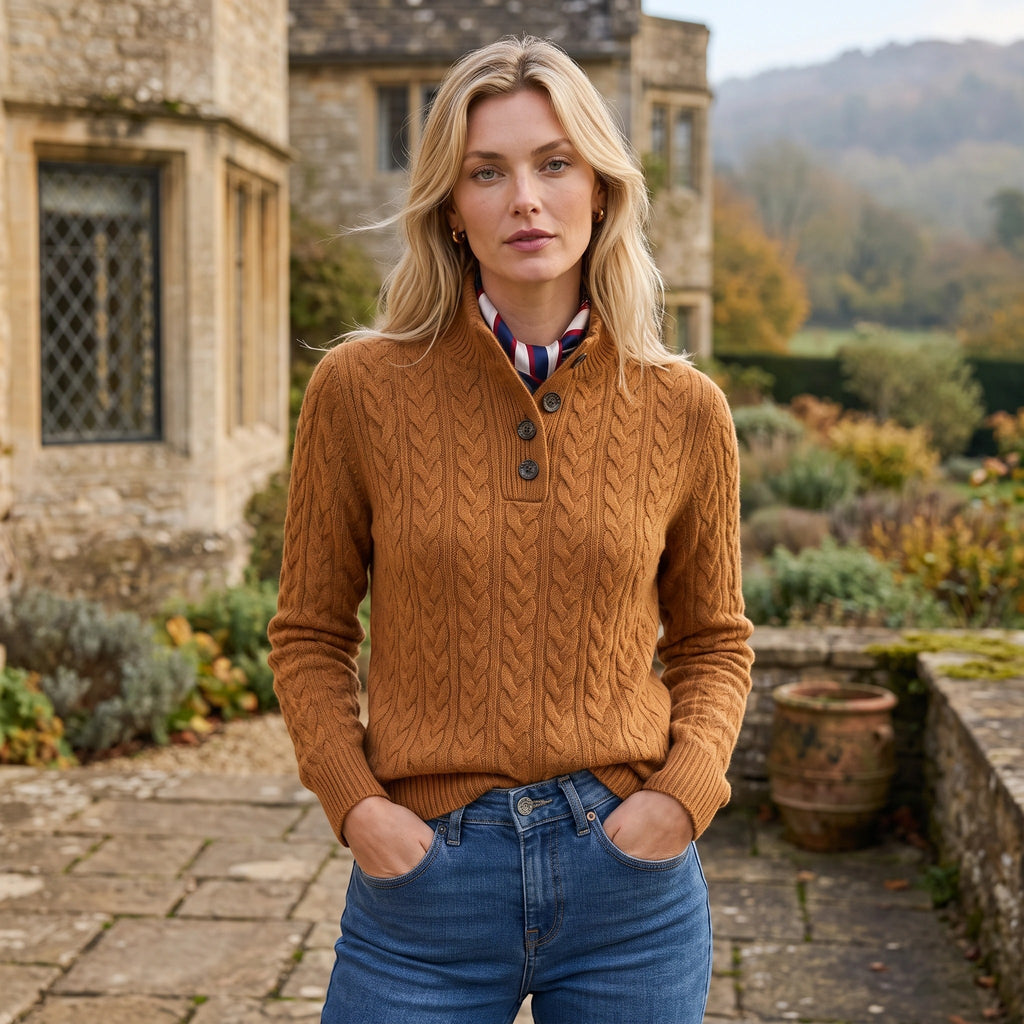 Women's Cable Knit Jumper with Button Neck and High Collar