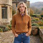 Women's Cable Knit Jumper with Button Neck and High Collar