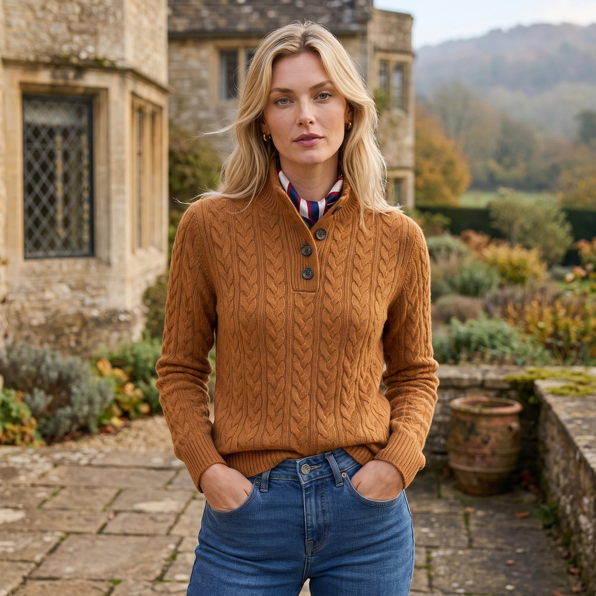 Women's Cable Knit Jumper with Button Neck and High Collar