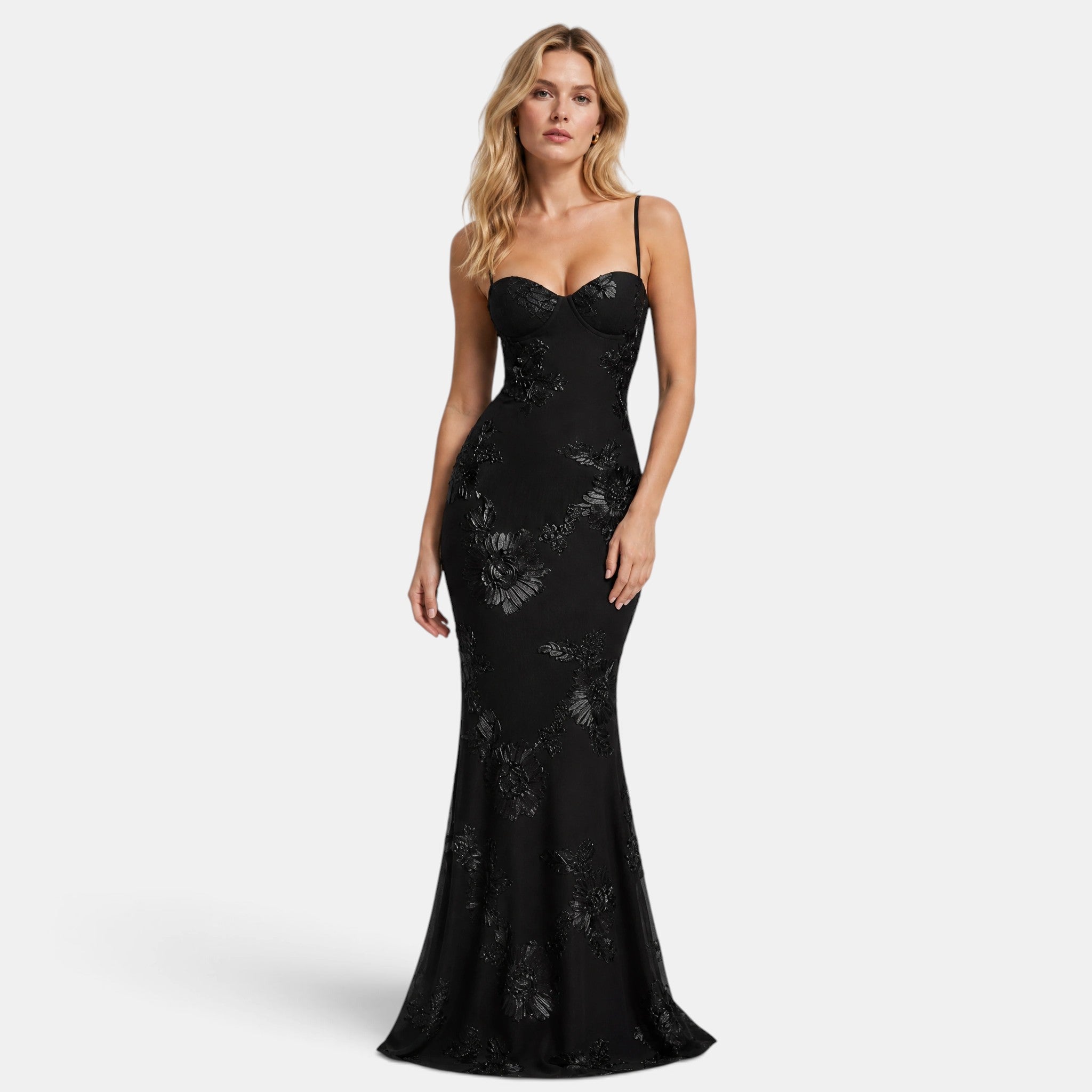 Women's Corset Maxi Dress with Spaghetti Straps and Floral Detail