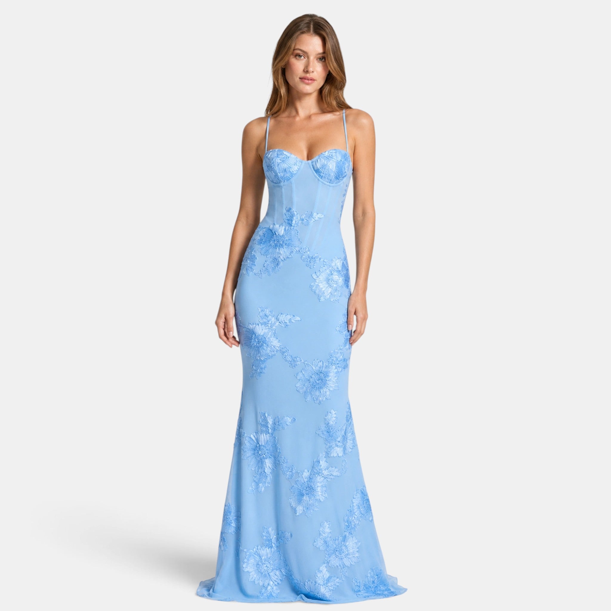 Women's Corset Maxi Dress with Spaghetti Straps and Floral Detail