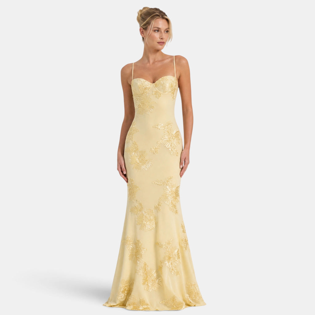 Women's Corset Maxi Dress with Spaghetti Straps and Floral Detail