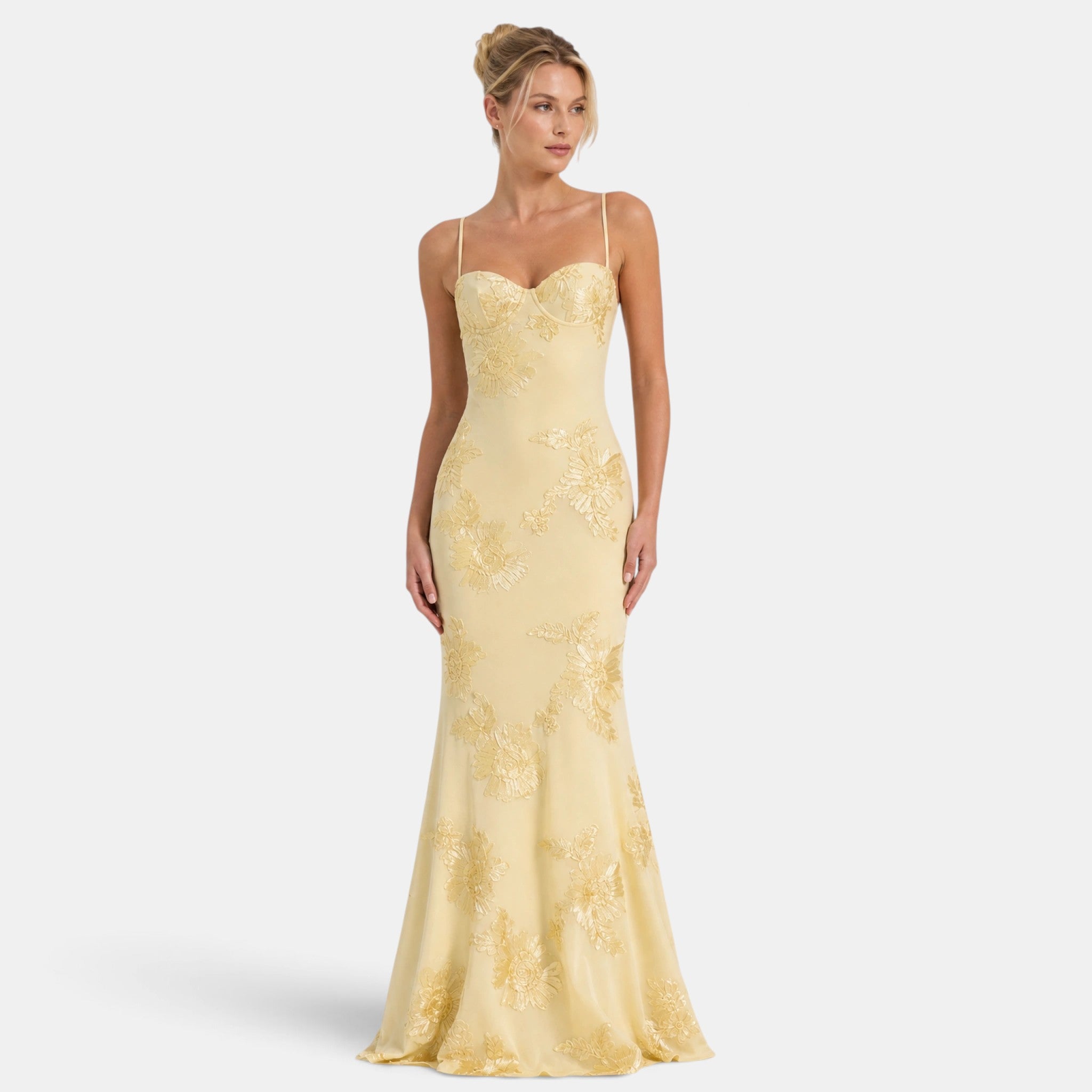 Women's Corset Maxi Dress with Spaghetti Straps and Floral Detail