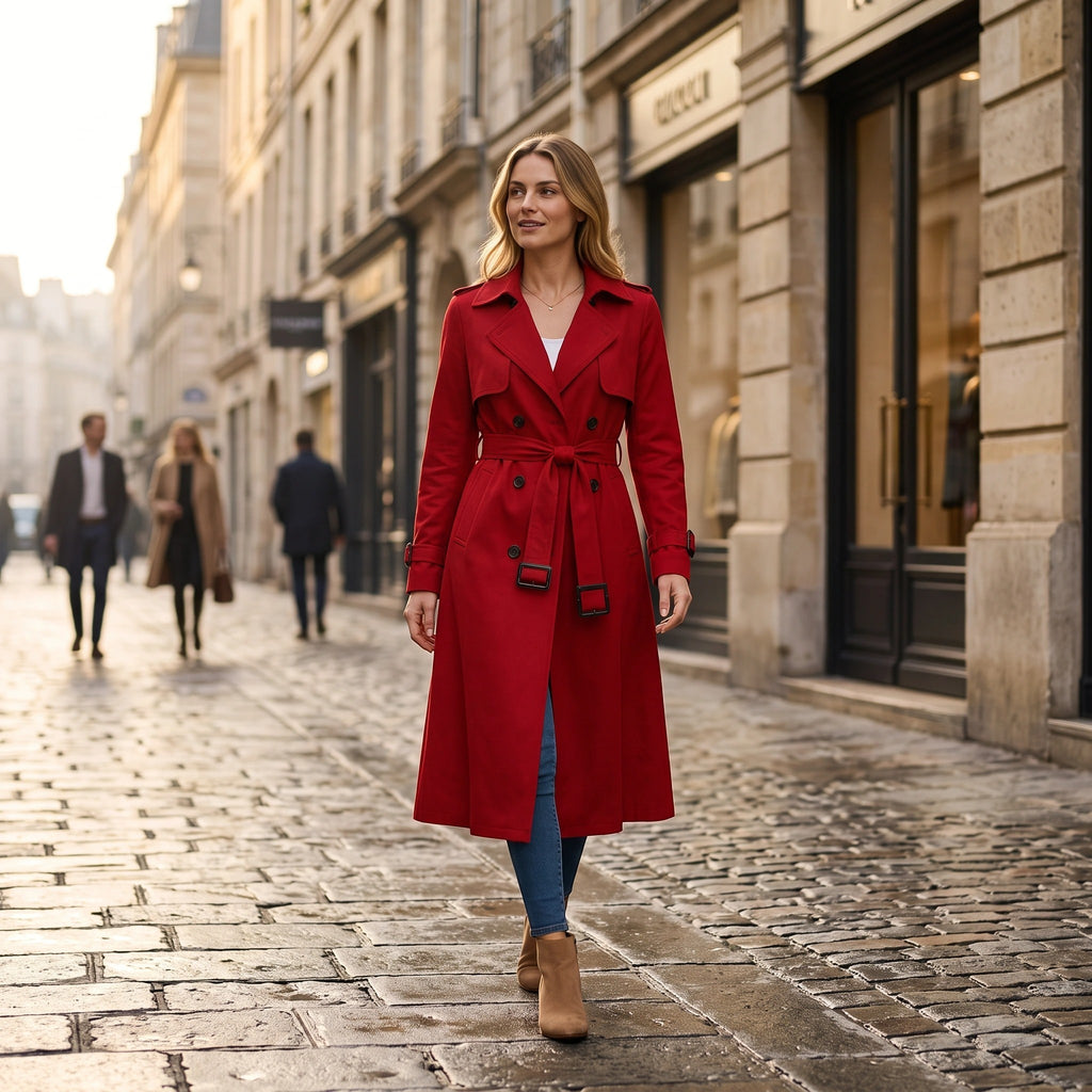 Women's Double Breasted Trench Coat with Belt and Notch Lapel