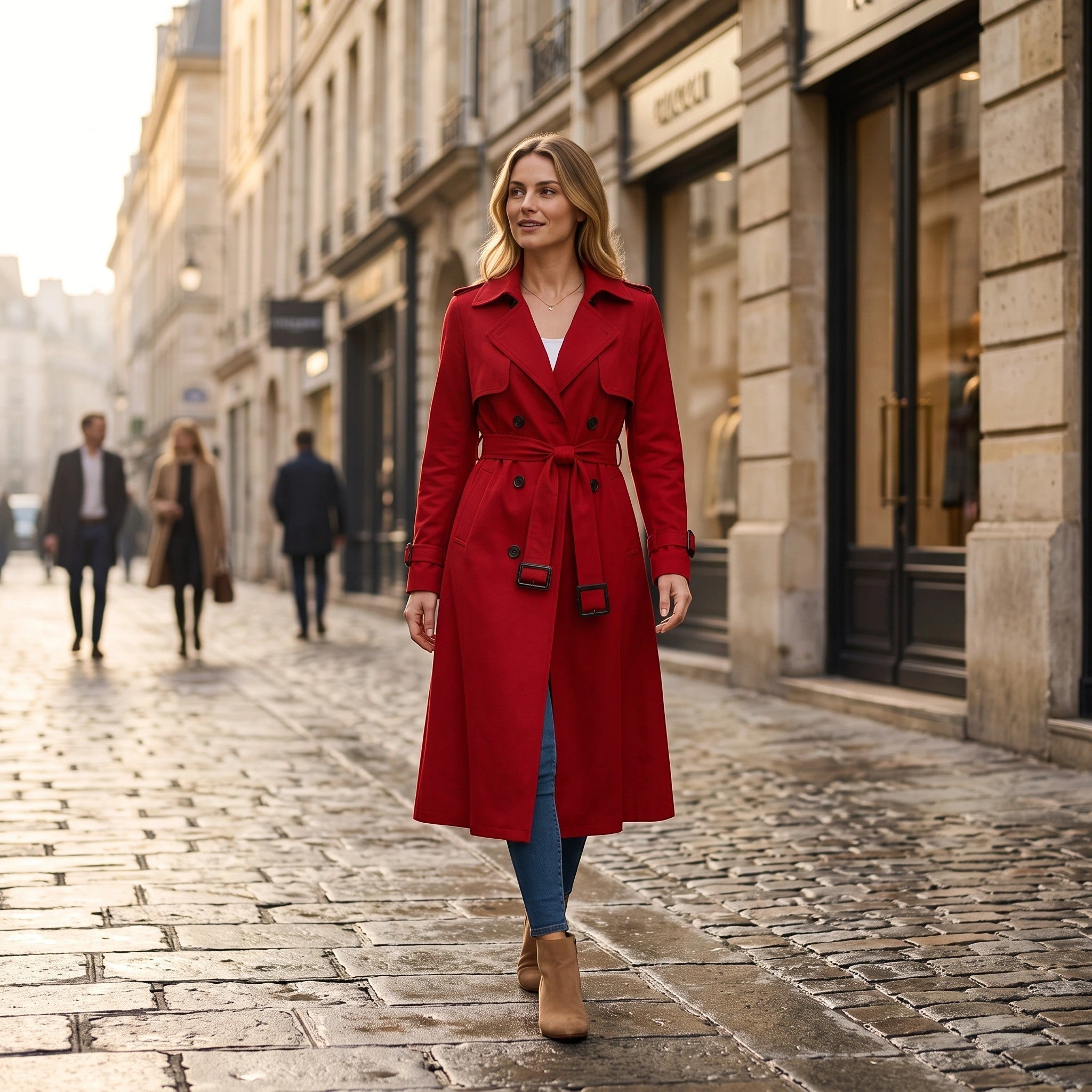 Women's Double Breasted Trench Coat with Belt and Notch Lapel