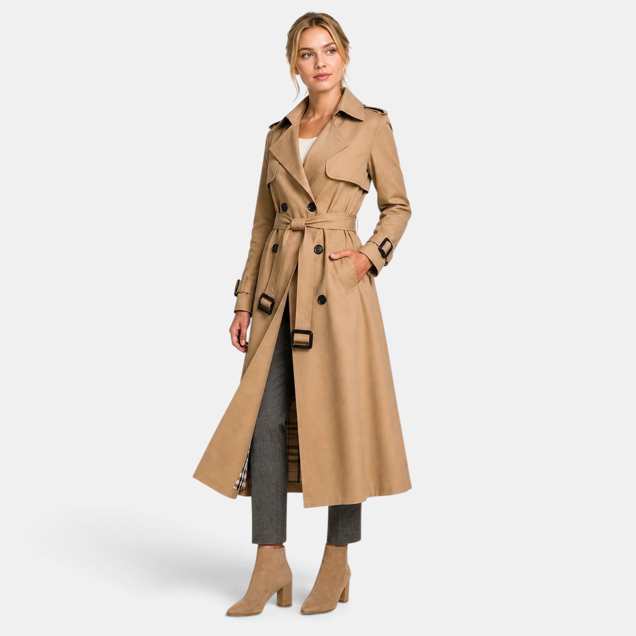 Women's Double Breasted Trench Coat with Belt and Notch Lapel