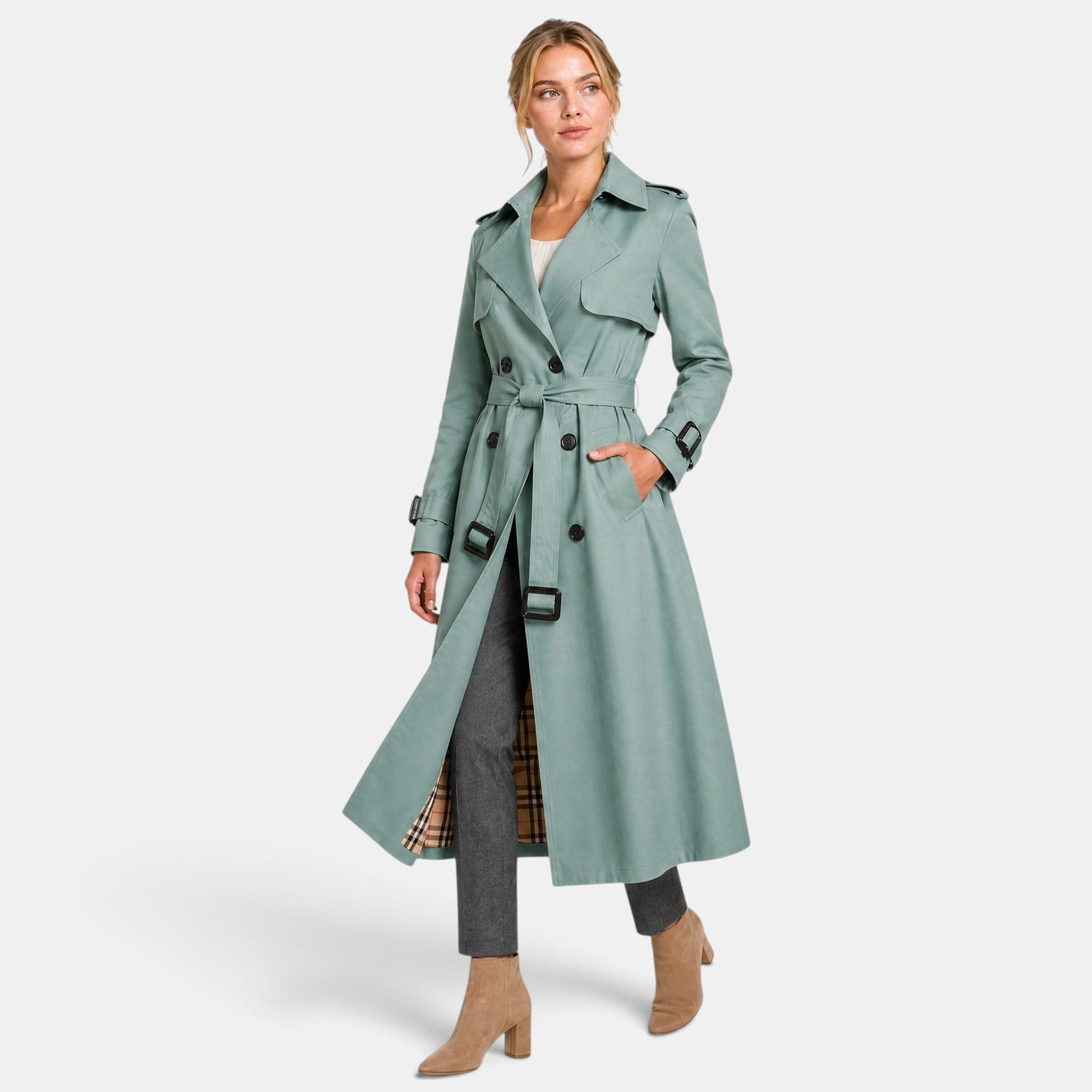 Women's Double Breasted Trench Coat with Belt and Notch Lapel