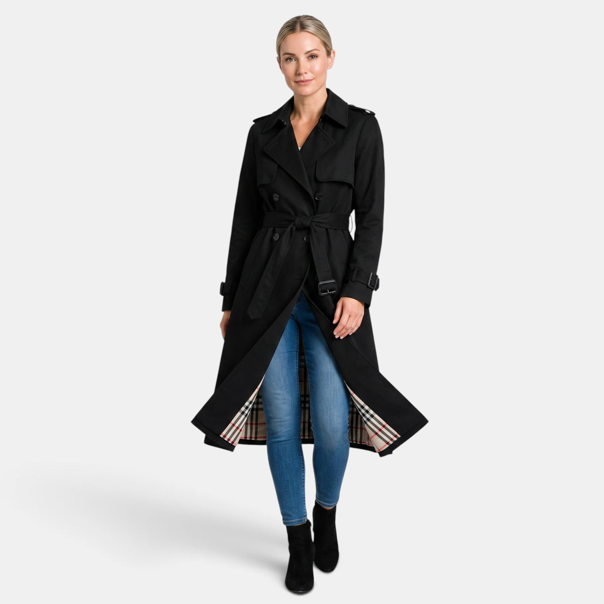 Women's Double Breasted Trench Coat with Belt and Notch Lapel