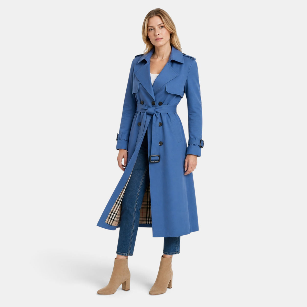 Women's Double Breasted Trench Coat with Belt and Notch Lapel