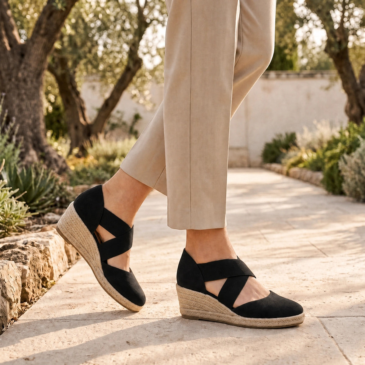 Women's Espadrille Wedge Shoes with Cross Strap and Closed Toe
