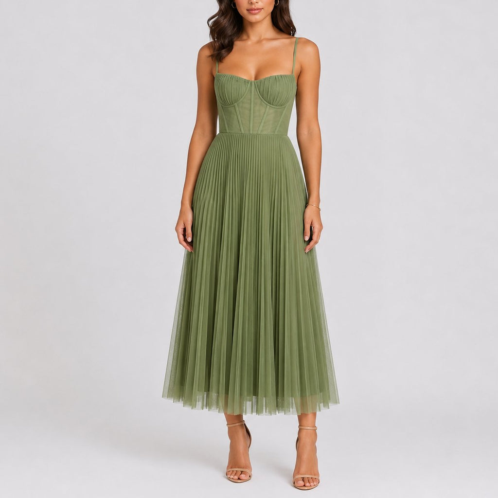 Pleated Tulle Midi Corset Dress for Women - Elegant Fall Wedding Guest Attire