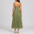 Pleated Tulle Midi Corset Dress for Women - Elegant Fall Wedding Guest Attire