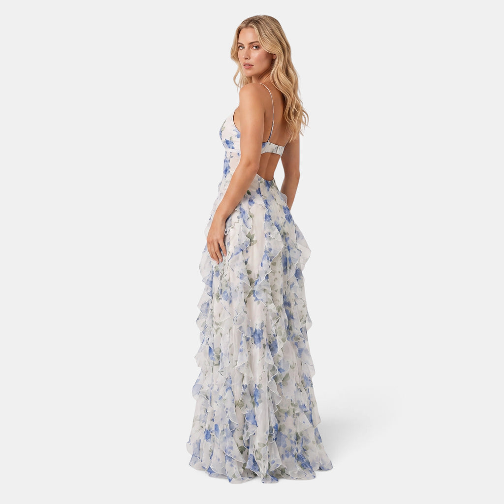 Women's Floral Maxi Dress with Spaghetti Straps and Ruffle Detail