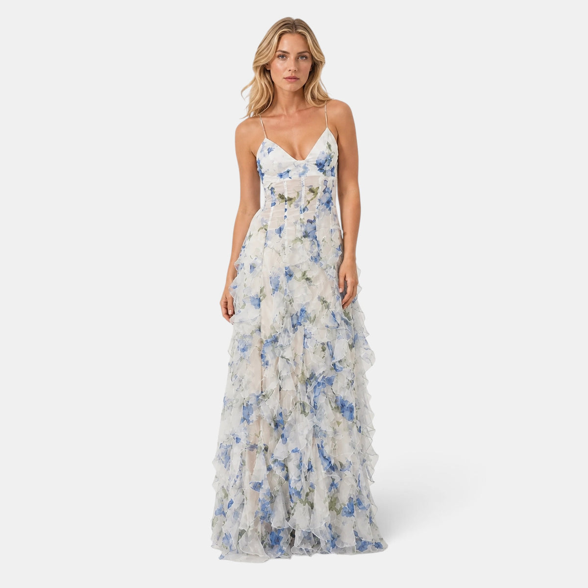Women's Floral Maxi Dress with Spaghetti Straps and Ruffle Detail