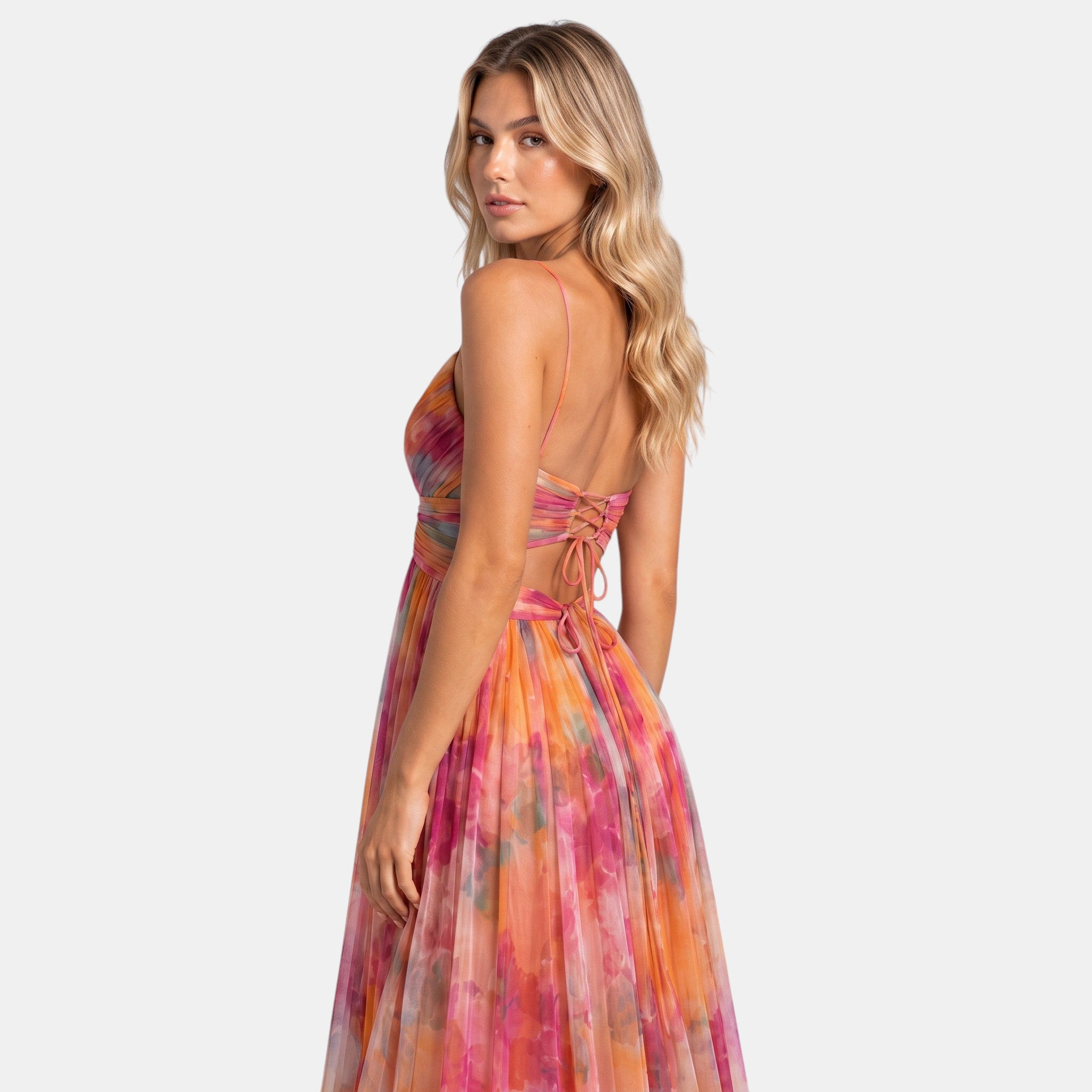 Women's Floral Maxi Dress with V-Neck, Spaghetti Straps and Wrap Waist