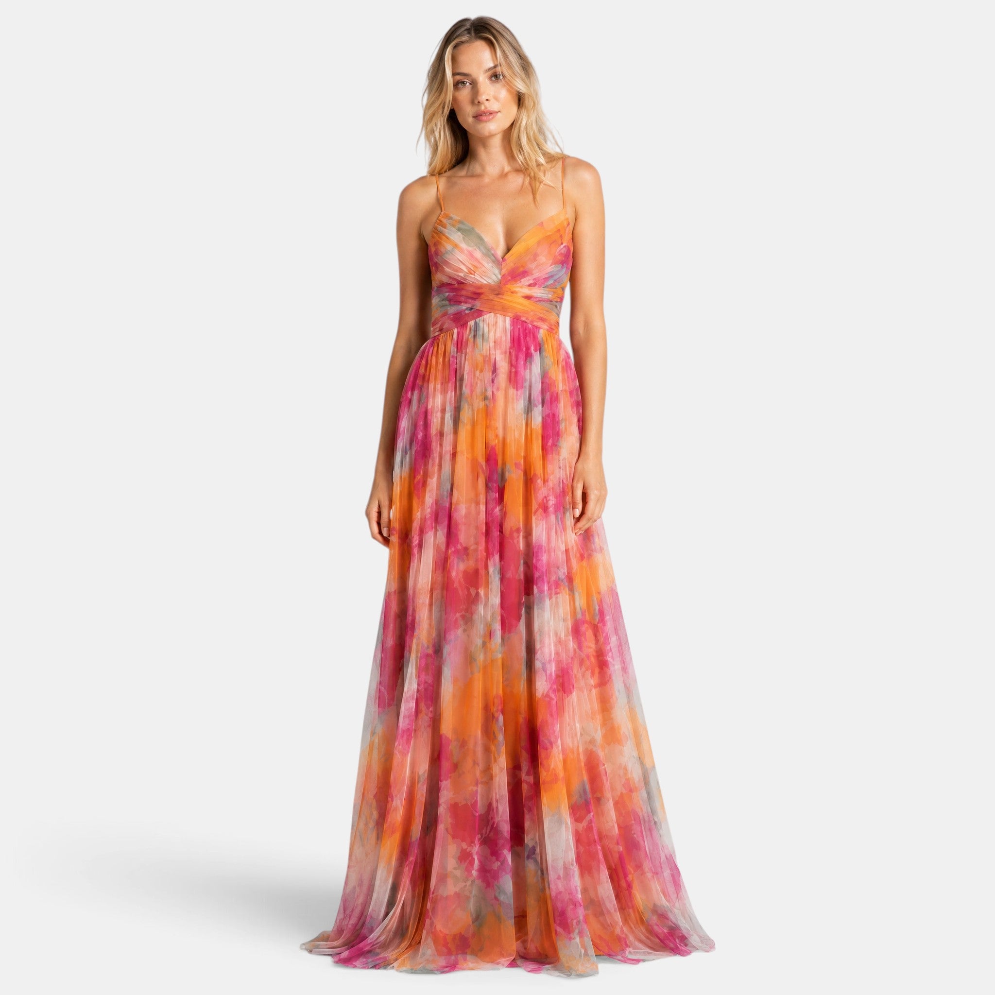 Women's Floral Maxi Dress with V-Neck, Spaghetti Straps and Wrap Waist