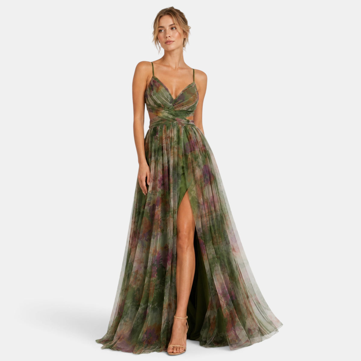 Women's Floral Maxi Dress with V-Neck, Spaghetti Straps and Wrap Waist