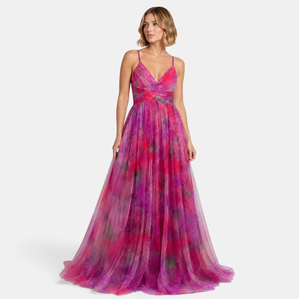 Women's Floral Maxi Dress with V-Neck, Spaghetti Straps and Wrap Waist