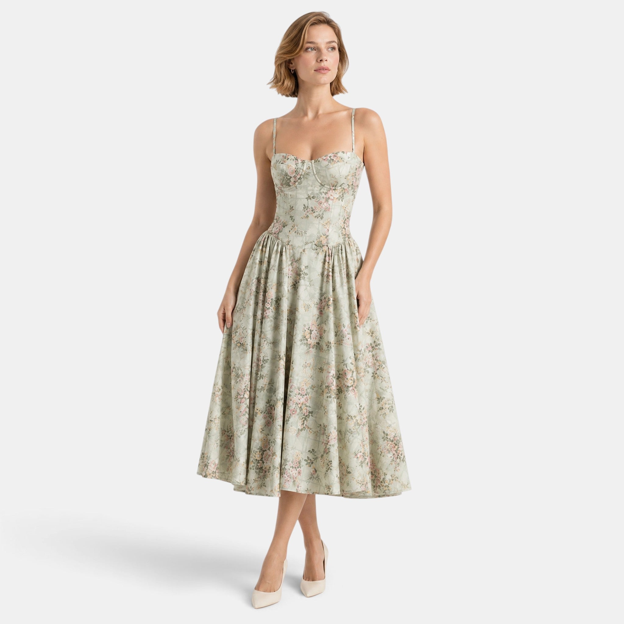 Women's Floral Midi Dress with Sweetheart Neckline and Corset Bodice