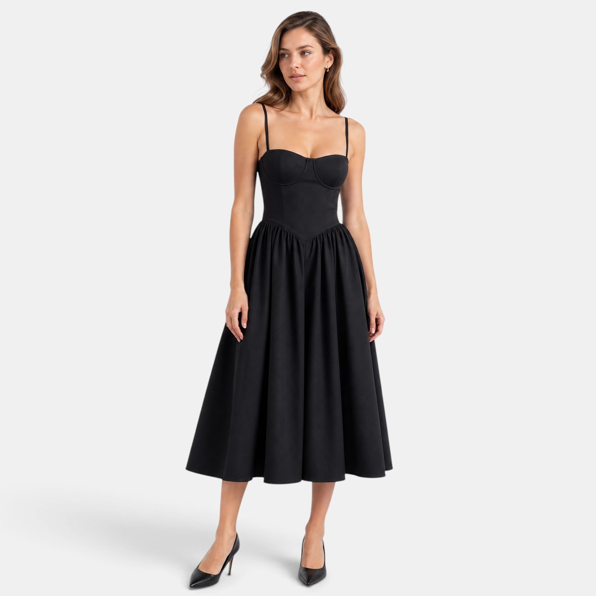 Women's Floral Midi Dress with Sweetheart Neckline and Corset Bodice