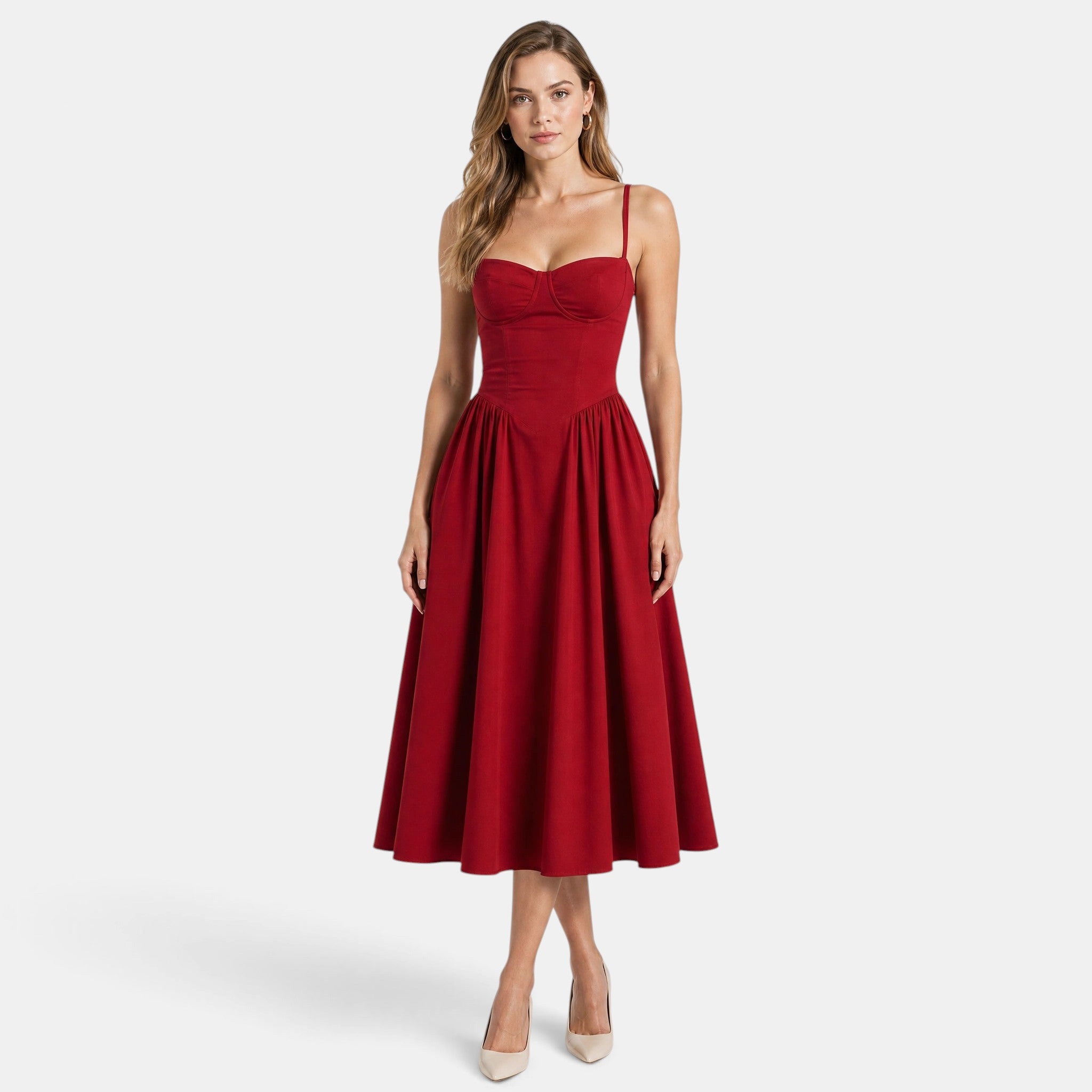 Women's Floral Midi Dress with Sweetheart Neckline and Corset Bodice