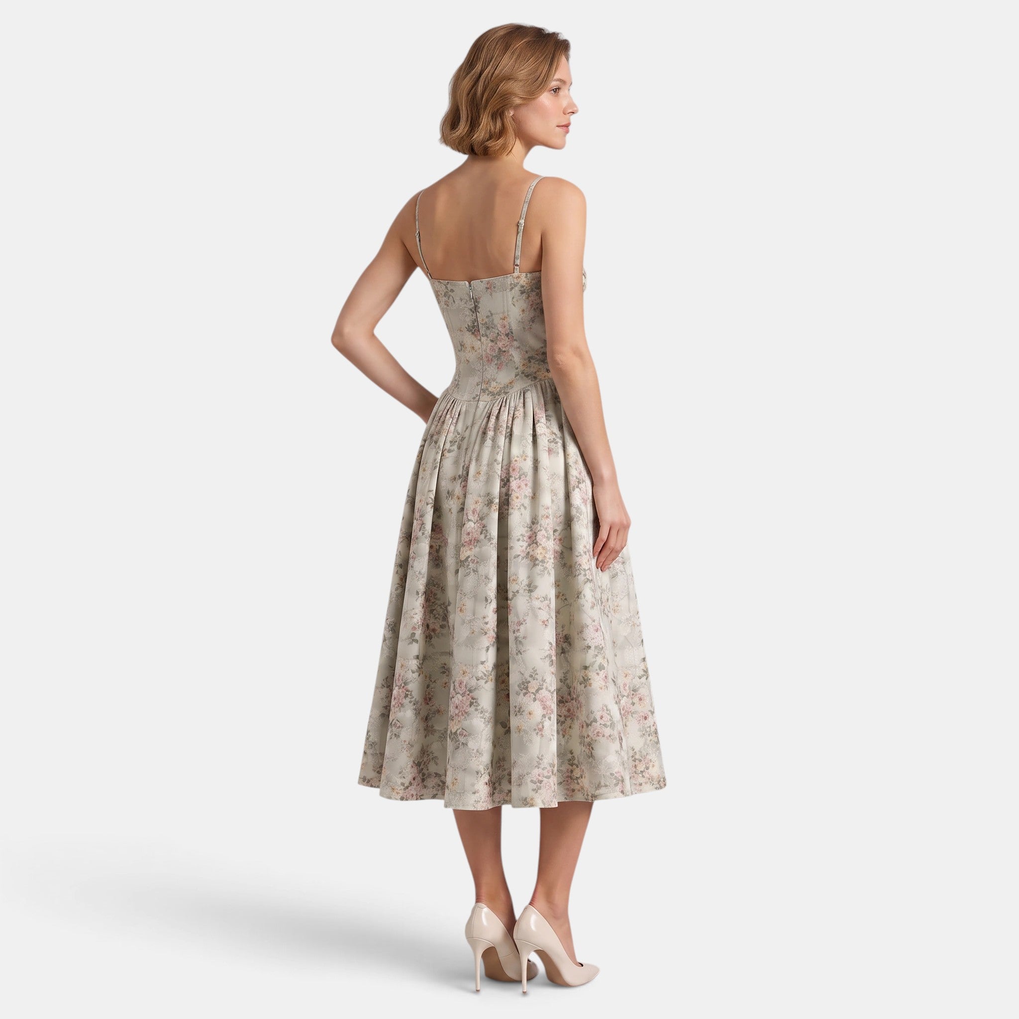 Women's Floral Midi Dress with Sweetheart Neckline and Corset Bodice