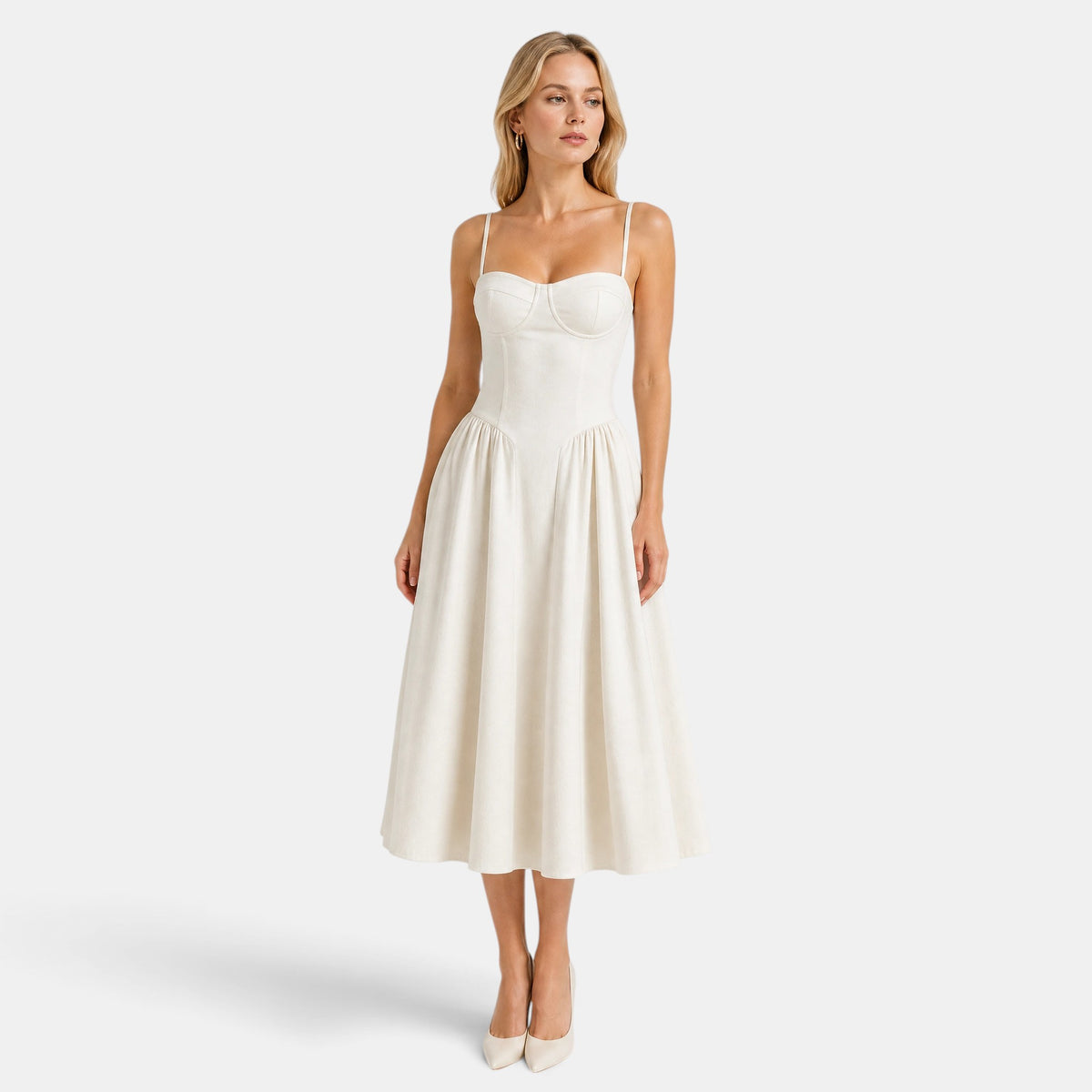 Women's Floral Midi Dress with Sweetheart Neckline and Corset Bodice