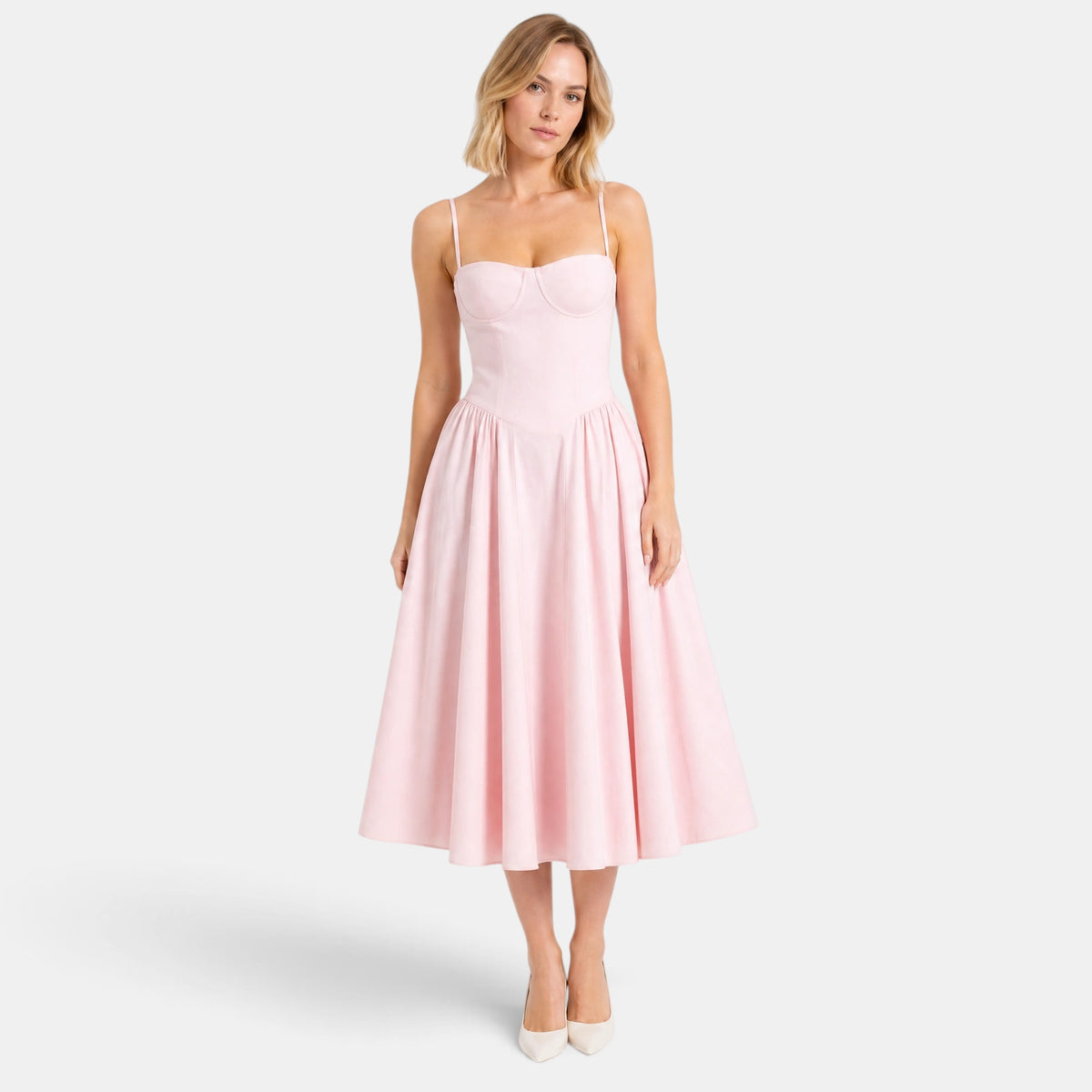 Women's Floral Midi Dress with Sweetheart Neckline and Corset Bodice